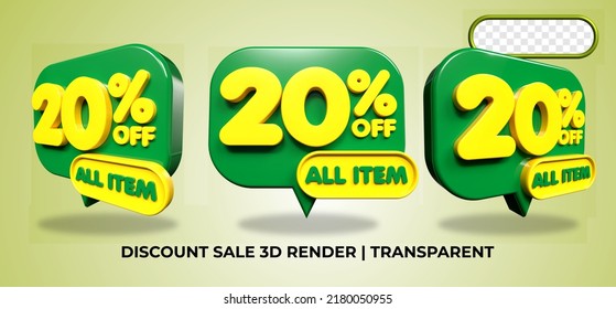 Bundle of 3D render discount sale sell 20% promo element voucher green, yellow colors