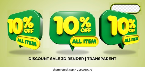 Bundle of 3D render discount sale sell 10% promo element voucher green, yellow colors