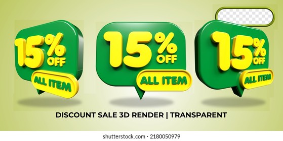 Bundle of 3D render discount sale sell 15% promo element voucher green, yellow colors