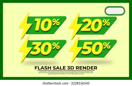 bundle of 3D render flash sale discount 10%, 20%, 30%, 50%, element transparent green and yellow