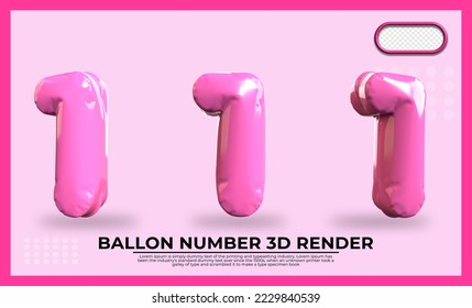 Bundle of 3D Render number 1 balloon color Pink transparent 