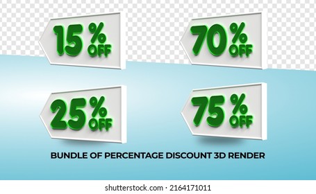 bundle of 3D render number 15%, 25%, 70%, 75% percentage for sale discount, product discount, green color