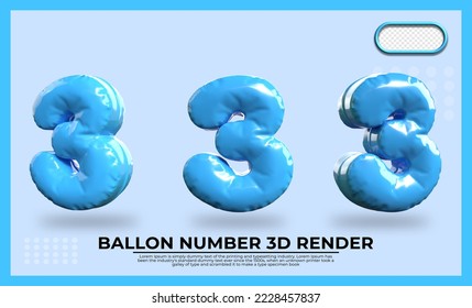 Bundle of 3D Render number 3 balloon color blue transparent 
