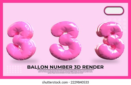 Bundle of 3D Render number 3 balloon color Pink transparent 