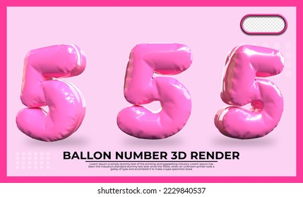 Bundle of 3D Render number 5 balloon color Pink transparent 