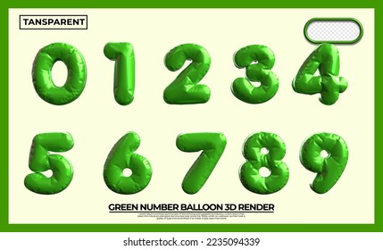 Bundle of 3D render numbers 1,2,3,4,5,6,7,8,9,0 balloons for kids educarion elementary green colors