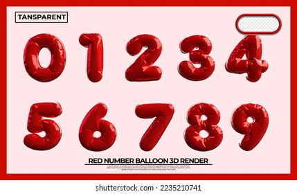 Bundle of 3D render numbers 1,2,3,4,5,6,7,8,9,0 balloons for kids educarion elementary red colors transparent, png