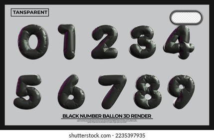 Bundle of 3D render numbers 1,2,3,4,5,6,7,8,9,0 balloons for kids educarion elementary black colors transparent, png