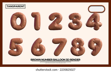 Bundle of 3D render numbers 1,2,3,4,5,6,7,8,9,0 balloons for kids educarion elementary brown colors transparent, png