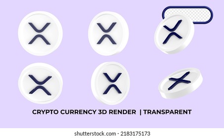 Bundle of 3D render Ripple XRP cryptocurrency physical concept coin isolated on white background. 3D rendering, transparent