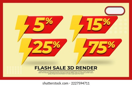 bundle 3Drender element of flash sale discount 5%, 25%,15%,75%, colors red and yellow