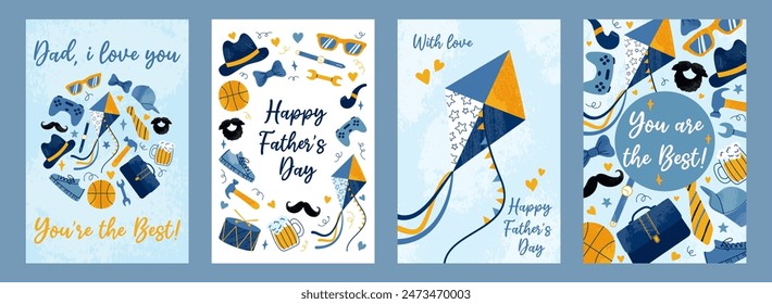 Paquete 4 tarjetas de celebración con tipografía en estilo de dibujo. Feliz Día del Padre. Sombrero masculino, zapatos, maletín, artículos y bigote. Efecto de textura de grunge. Para portada, póster, etiqueta