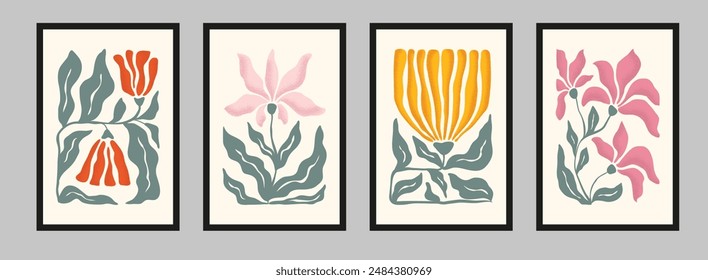 Paquete 4 dibujando ilustraciones abstractas florales en estilo Matisse. Flores rosas, rojas, amarillas y ramas verdes sobre fondo blanco. Efecto de textura de ruido. Diseño de moda para póster, cubierta, impresión, tarjeta.