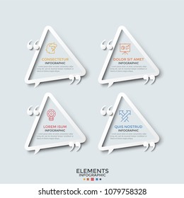 Bundle of 4 paper white triangular speech balloons, linear pictograms, place for text inside and quotation marks. Concept of motivational phrases. Infographic design template. Vector illustration.