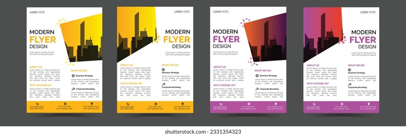 ein Paket aus 4 Vorlagen, einer 4-Flyer-Vorlage, einer modernen Vorlage in Gelb- und Rottönen und einem stilvollen Design, perfekt für die Erstellung professioneller Geschäftsmodelle
