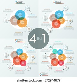 Bundle of 4 unusual infographic design layouts with 3, 4, 5, 6 overlapping translucent circular elements, icons and text boxes. Vector illustration for presentation, brochure, corporate website.
