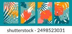 Bundle 4 vertical posters with tropical leaves. Rough edges. Hand drawn illustrations in trendy art style. For card, cover, background, label. Summer concept