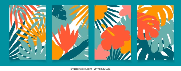 Bundle 4 vertical posters with tropical leaves. Rough edges. Hand drawn illustrations in trendy art style. For card, cover, background, label. Summer concept