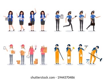 Bundle of 4 woman character set Of various professions, lifestyles and expressions of each character in different gestures, businesswoman, police, delivery staff, maid, cleaning staff, maidservant