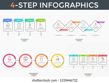 Bundle of 4-stepped infographic design templates with round, square and rectangular elements connected by arrows. Vector illustration in flat style for business plan or progress visualization.