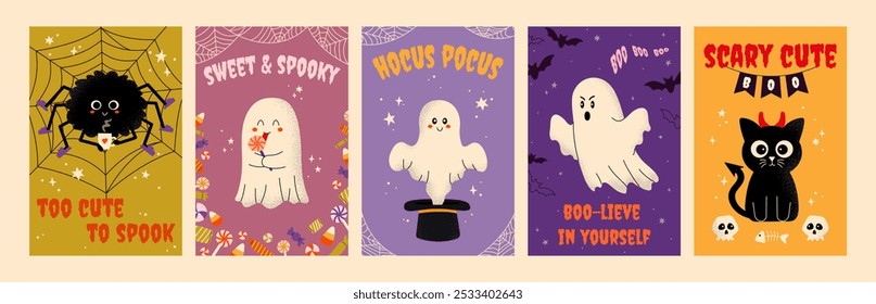 Bundle 5 vertical posters with grainy textures for Halloween on colorful background. Cute characters of ghost, spider, cat and typography in retro style. For card, cover, label, invitation.