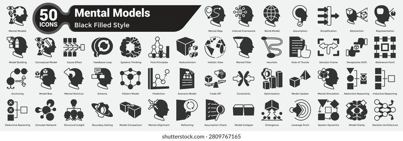 Bundle of 50 Mental Models icons for representing complete cognitive framework systems, conceptual reasoning models, analytical thinking patterns, and mental structure psychology themes. Black Filled style.