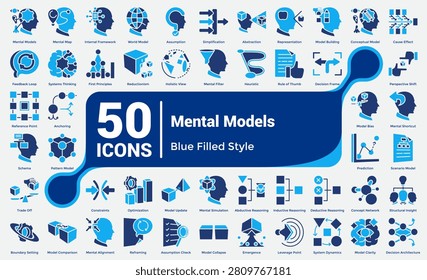 Bundle of 50 Mental Models icons for representing complete cognitive framework systems, conceptual reasoning models, analytical thinking patterns, and mental structure psychology themes. Dualtone style.