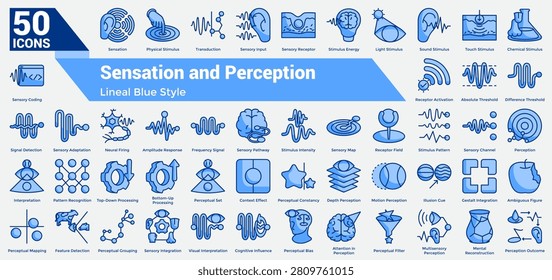 Bundle of 50 Sensation and Perception icons for representing complete sensory and perceptual systems, neural processing concepts, cognitive interpretation patterns, and human perception psychology themes. Blue style.