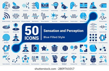 Bundle of 50 Sensation and Perception icons for representing complete sensory and perceptual systems, neural processing concepts, cognitive interpretation patterns, and human perception psychology themes. Dualtone style.