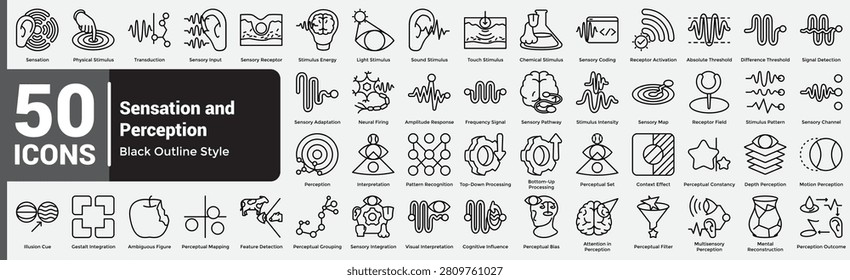 Bundle of 50 Sensation and Perception icons for representing complete sensory and perceptual systems, neural processing concepts, cognitive interpretation patterns, and human perception psychology themes. Line style.