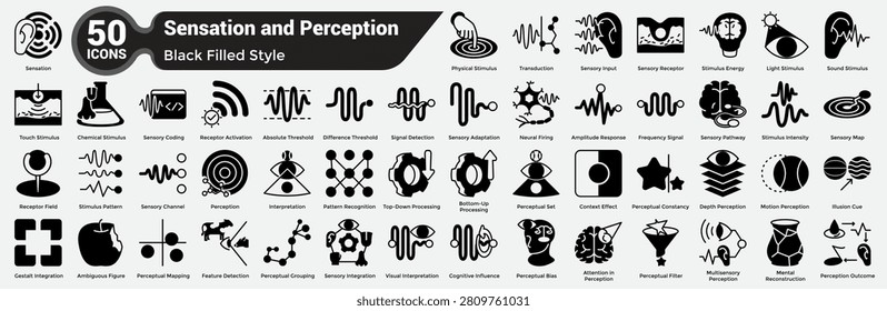 Bundle of 50 Sensation and Perception icons for representing complete sensory and perceptual systems, neural processing concepts, cognitive interpretation patterns, and human perception psychology themes. Black Filled style.