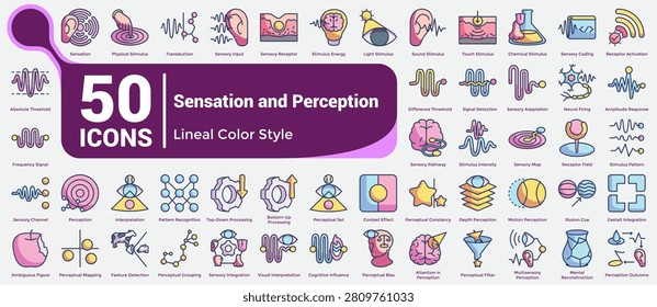 Bundle of 50 Sensation and Perception icons for representing complete sensory and perceptual systems, neural processing concepts, cognitive interpretation patterns, and human perception psychology themes. Lineal Color style.