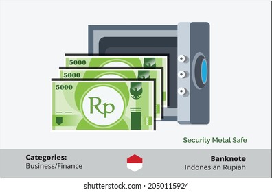 Bundle of 5000 Indonesian Rupiah Money in a high security level metal safe vector illustration flat design.