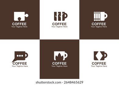A bundle of 6 minimalist coffee shop logo designs combining coffee cups with creative icons such as puzzle pieces, trees, books, chat bubbles, flowers, and diamonds. Perfect for cafés, coffee brands, 