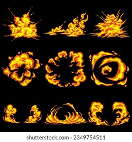 Bundle of 6 vector asset of fire explosions and splashes of smoke in orange and yellow colors