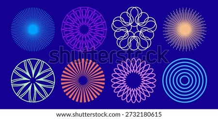 Bundle of 8 Abstract Circular Line Patterns Set, Vibrant Geometric Shapes for Modern Graphic Design, Pattern Textures, Abstract Mysterious Vectors, Illustrations