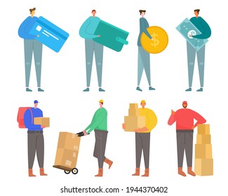 Un grupo de 8 personajes masculinos en trajes de baño y posa con activos en un fondo blanco. diseño plano de ilustración vectorial