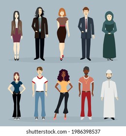 EIN BUNDLE DER 90ER JAHRZEHNTE MENSCHEN MIT VERSCHIEDENEN RASSEN ASIAN SCHWARZWEISSWEISSER ARABMUSLIM HIJAB IN DER OFFICE BUSINESS SCHAUTIFUL UND COOL