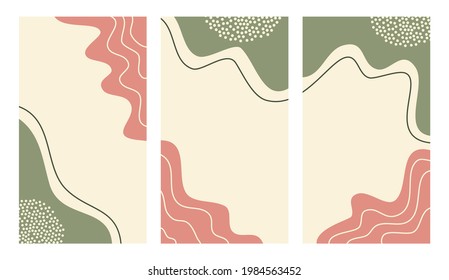 Conjunto de antecedentes abstractos para publicaciones en medios sociales o plantillas de historias en color pastel. Fondo de formas orgánicas de moda con texto de espacio de copia.