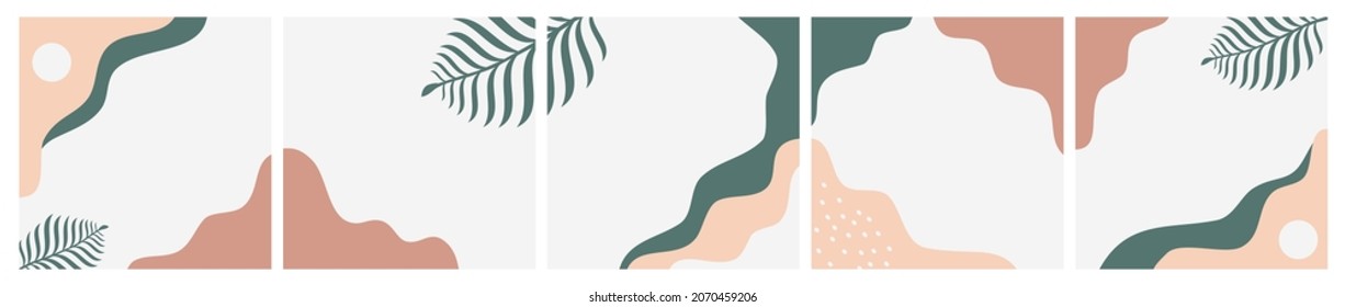 Bundle of abstract natural background on pastel color for social media post, feed, carousel template, promotion, frame, banner, cover, flyer. Trendy modern organic shapes with copy space text.