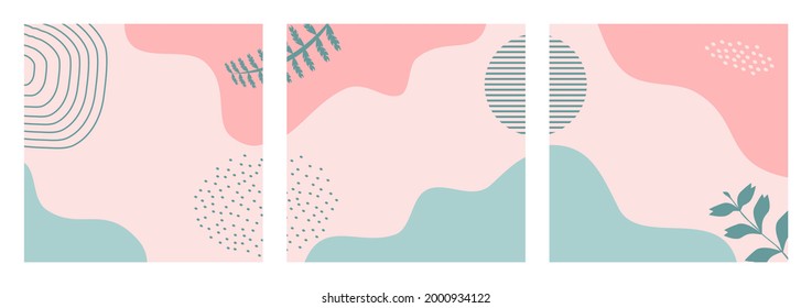 Bundle of abstract nature backgrounds on pastel color suitable for banner, poster, flyer, social media post, feed template, cover, etc. Modern organic shapes with copy space text.