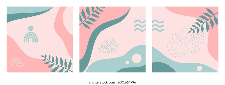 Bundle of abstract nature backgrounds on pastel color suitable for banner, poster, flyer, social media post, feed templates, cover, etc. Trendy modern organic shapes background with copy space text.