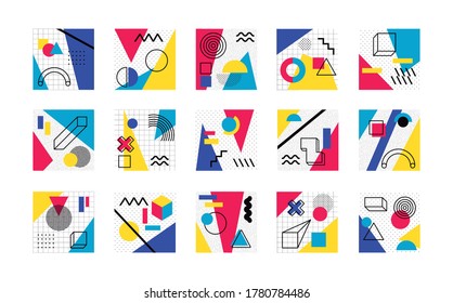 bundle of abstract posters with colors and figures geometrics vector illustration design