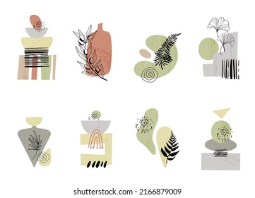 Paket aus abstrakten, vorgefertigten Vorlagen in hellfarbigen, handgezeichneten, geometrischen Formen einzeln auf weißem Hintergrund, botanischen Elementen - Vektorbündel