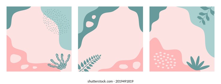 Bundle of abstract seasonal background or shape, doodle on pastel color for posts, banner, flyer, social media, feed template, cover. Trendy modern organic natural background with copy space text.
