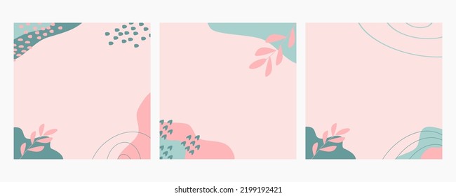 Bundle of abstract summer backgrounds on pastel color. Trendy organic shapes with copy space text suitable for banner, poster, flyer, social media postfeed or stories.