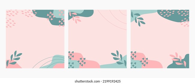 Bundle of abstract summer backgrounds on pastel color. Trendy organic shapes with copy space text suitable for banner, poster, flyer, social media postfeed or stories.