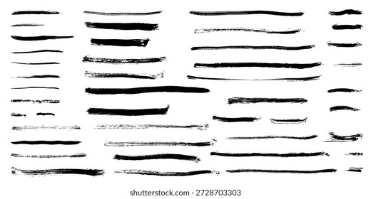 Bundle of acrylic brush strokes with texture. Big set of long and short lines and smears with rough edges. Charcoal, dry paint and ink traces. Vector illustration