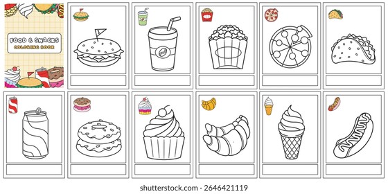 folhas de livro de atividade empacotado e coloração snacks e bebidas. hambúrguer, pizza, taco, sorvete, croissant, cupcake, donut. páginas de papel com capas para crianças