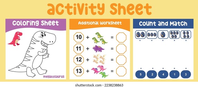 Kit de actividades con tema de dinosaurios. La tira cómica prehistórica animal adorable. Hoja coloreada. Hoja de cálculo adicional temática. Cuenta y coincide con la página. Listo para imprimir. Archivo de ilustración vectorial de Kawaii.